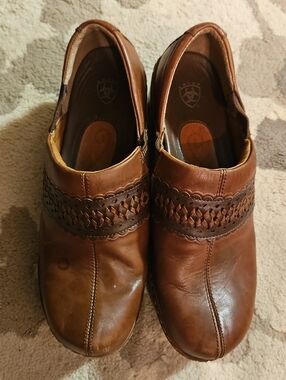 Ariat Women's Brown Leather Clogs Mules Woven Braided Slip Resistant 10B